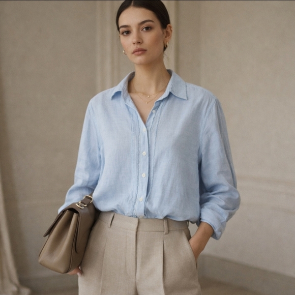 American Eagle Outfitters Tops - Classic ruffle button down academia white stitching boyfriend fit light blue S